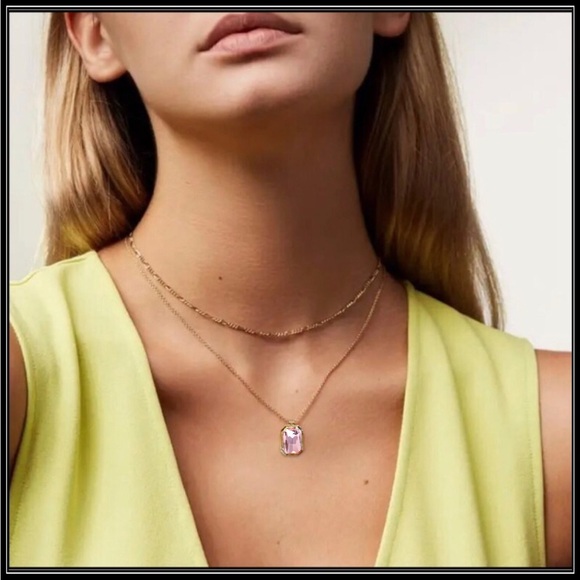 14k Gold Crystal Cut Pink Amethyst Topaz Minimalist Paperclip Necklace - Picture 6 of 6